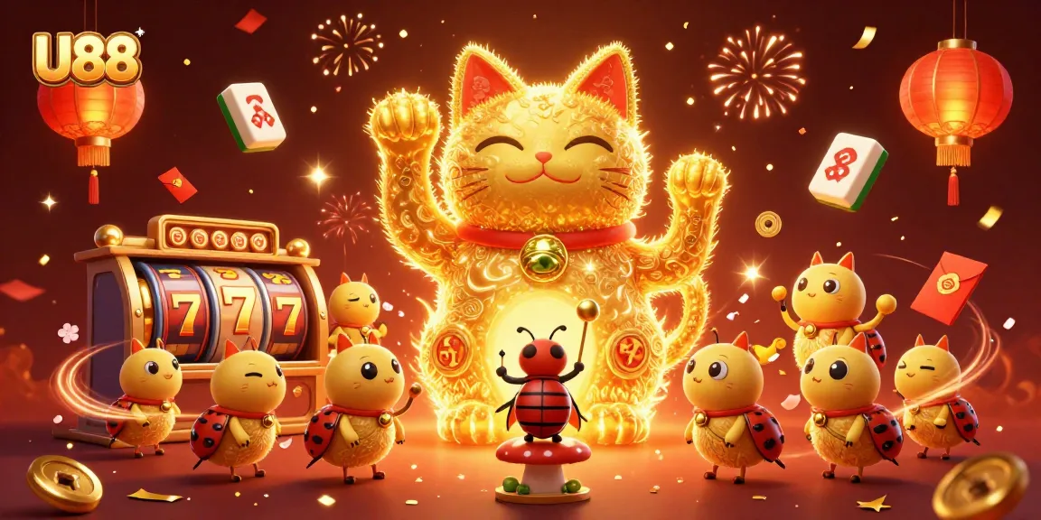 Engaging U88 illustration featuring a lucky cat made of fireflies amidst dynamic casino elements