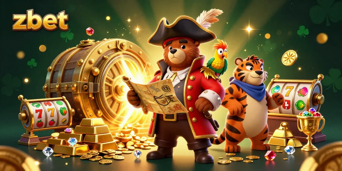 Join zbet's pirate adventure with a bear captain and treasures in an online casino scene.