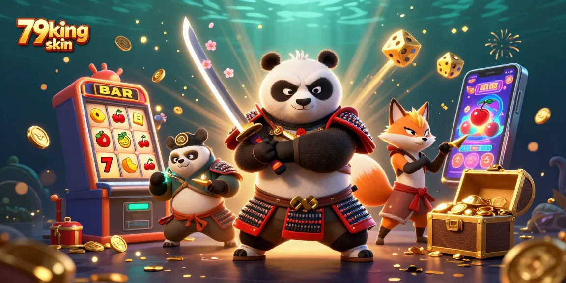 Engaging 79king skin-themed casino scene with samurai panda and ninja fox amidst a jackpot explosion.