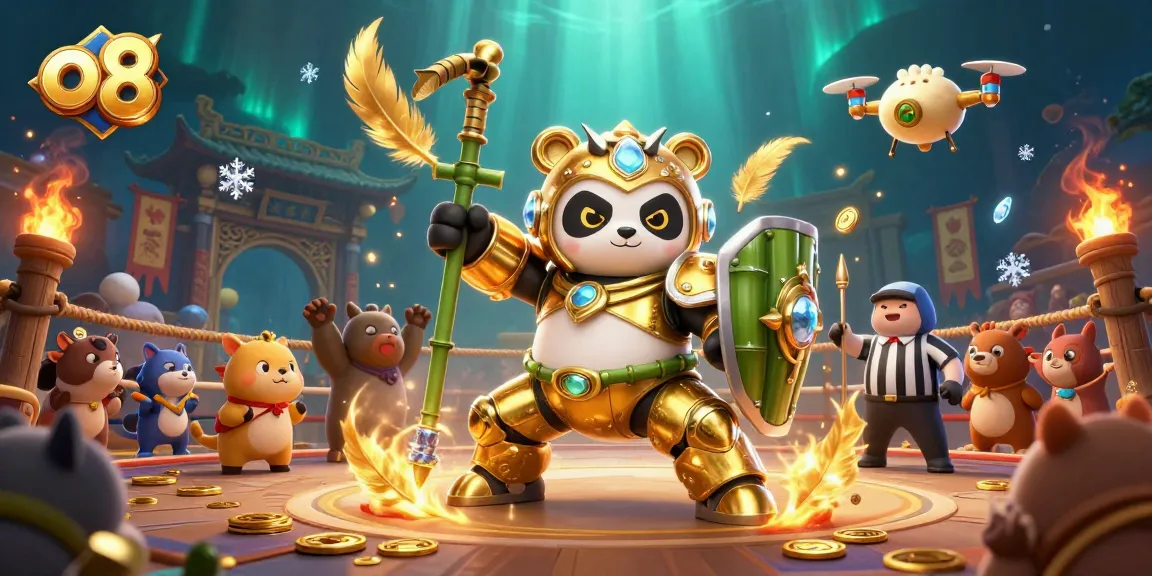Bet on exciting games at o8 with golden panda in a dynamic casino arena scene.