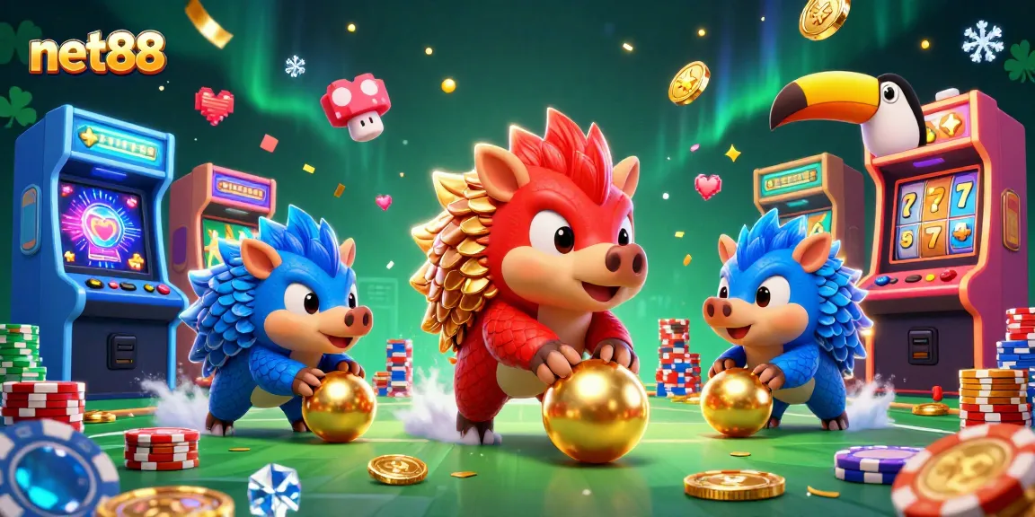 Experience thrilling net88 casino action with colorful pangolins, poker chips, and arcade elements.
