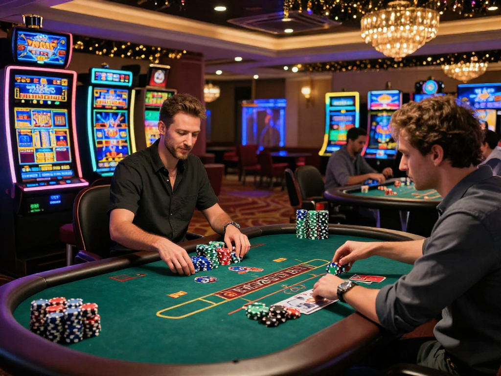 Giocatore nei casino non AAMS sicuri mentre interagisce con un dealer dal vivo, ambiente di gioco elegante e festivo.