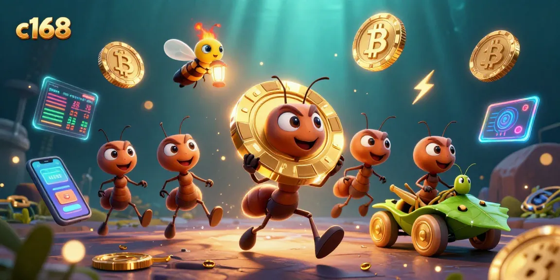 C168 gaming scene with ants carrying a large poker chip amid neon crypto elements and vibrant casino graphics.