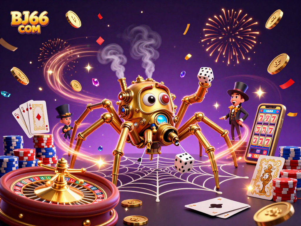 Experience excitement at BJ66 COM while the steampunk spider web captures dice amidst cascading coins.
