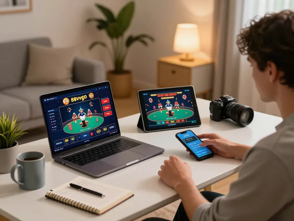 The player enjoying online games on 88vvgo in a cozy home setup with laptop and notepad.