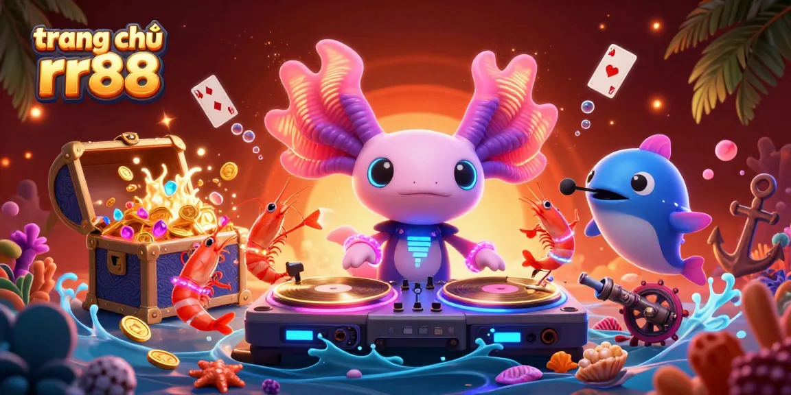 Join the excitement of trang chủ rr88 with a lively underwater casino scene featuring an axolotl DJ and vibrant characters.
