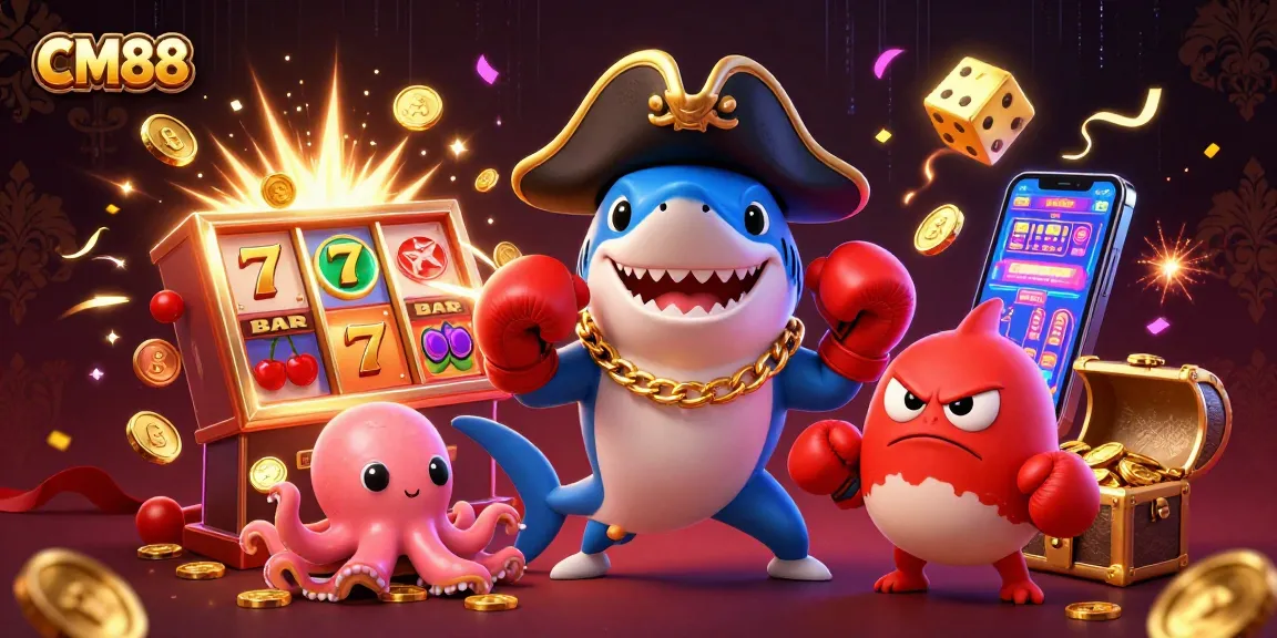 CM88's vibrant 3D casino scene features pirate shark, pufferfish, and octopus amidst gaming excitement.