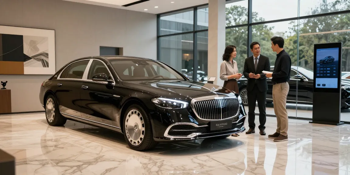 Interior showroom mewah LUXURY 777 menampilkan sedan hitam elegan dengan pencahayaan lembut.