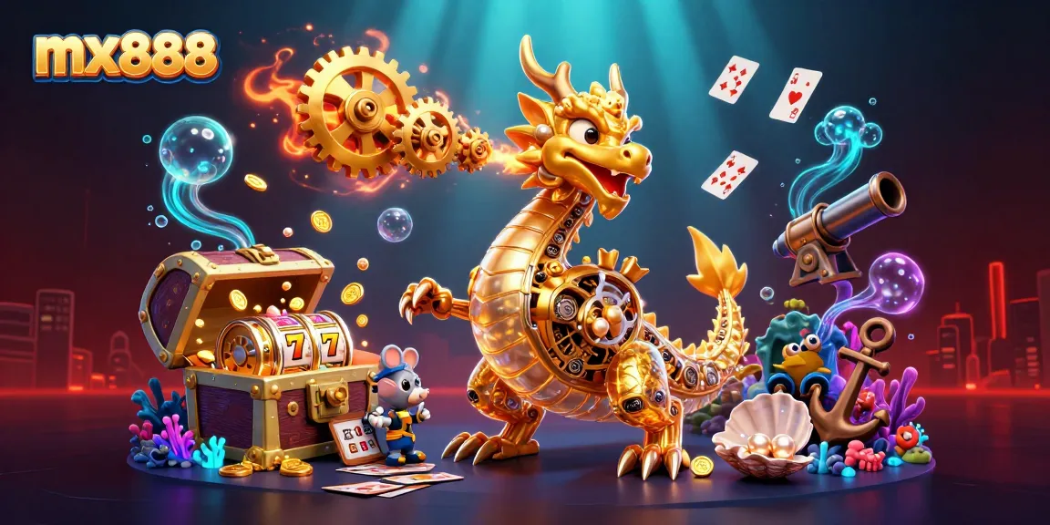 Experience the excitement of gaming with mx888 in a 3D vibrant casino scene with gold coins and slot reels.