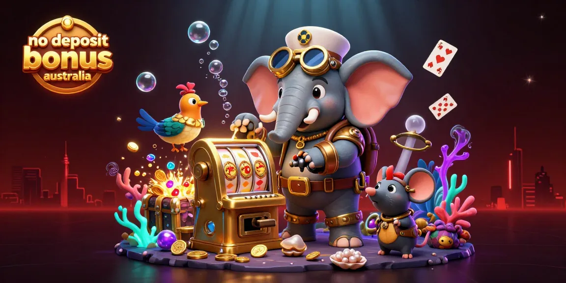 No deposit bonus australia showcases a steampunk elephant engineer operating a golden slot machine with vibrant casino elements.