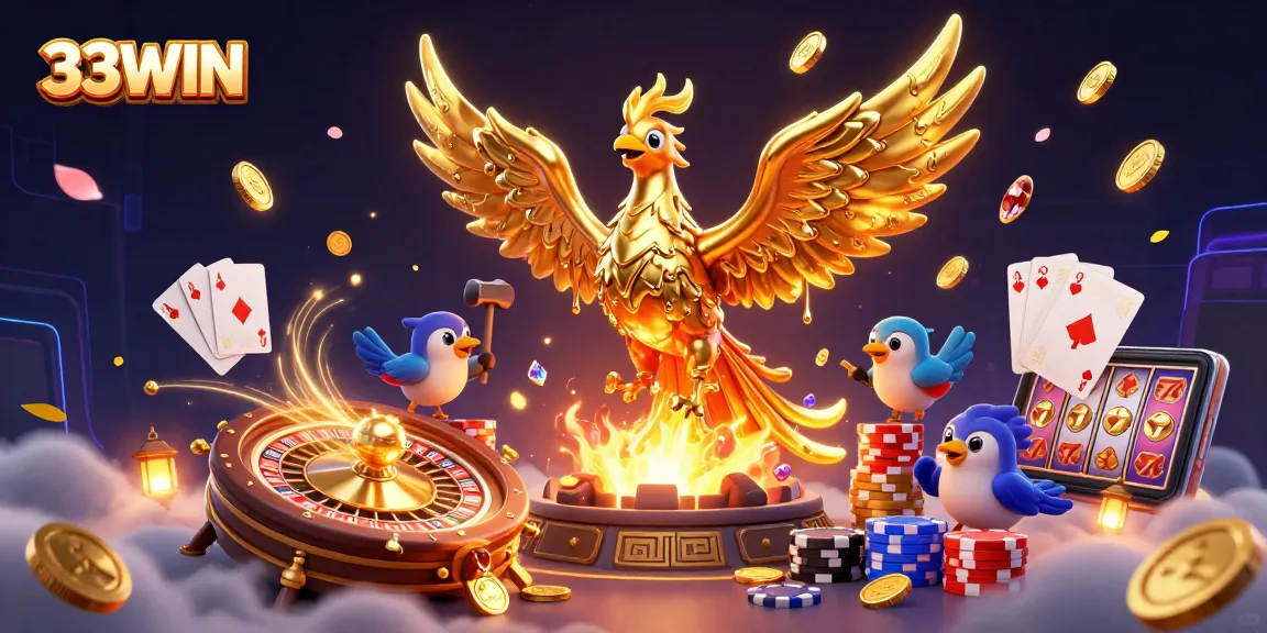 33WIN offers thrilling casino action with a golden phoenix amidst cascading coins and vibrant gaming elements.