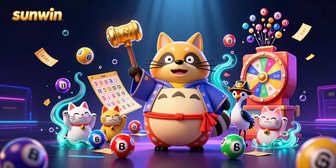 Catch the excitement with sunwin's vibrant 3D cartoon scene featuring a cheerful tanuki and lottery elements.