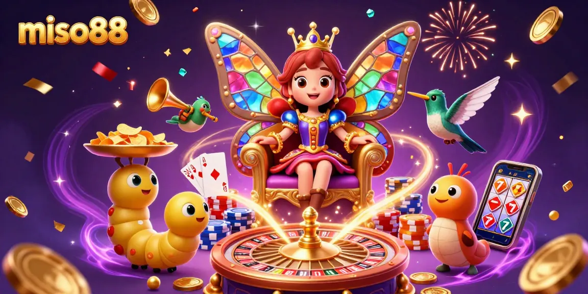 Experience the thrill of miso88 with vibrant gaming elements and celebratory atmosphere in this dynamic illustration.