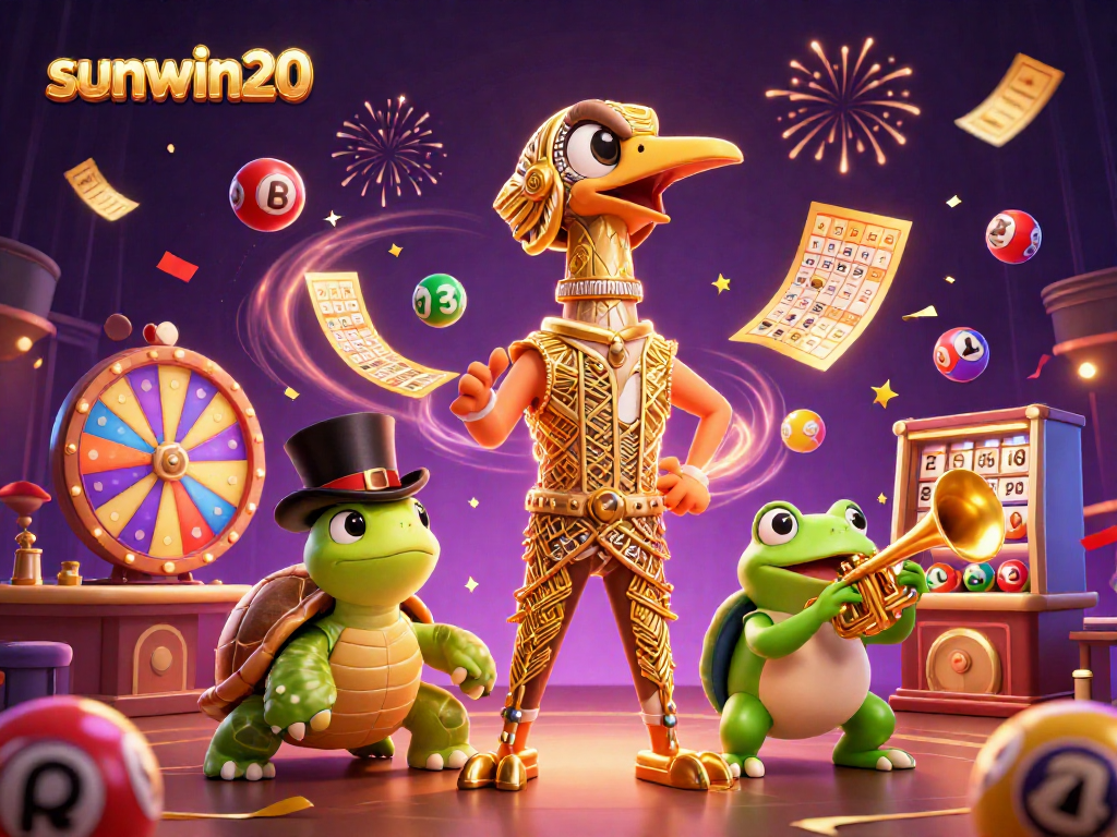 Play games with excitement at sunwin20, featuring vibrant lottery balls and fun characters in a dazzling scene.
