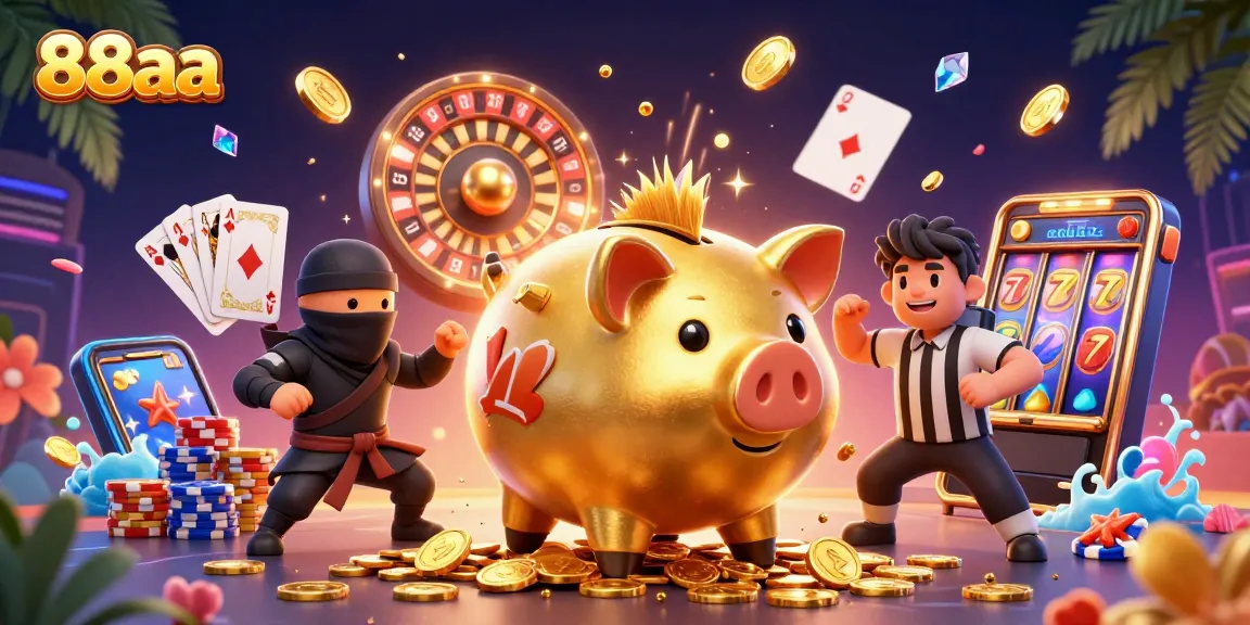 Experience the thrilling action of 88aa as a golden piggy bank sumo wrestler shakes loose coins in a vibrant casino scene.