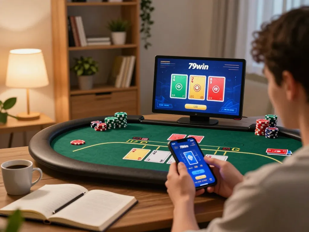 Engaging with the 79win casino app at home, showcasing a cozy gaming experience.