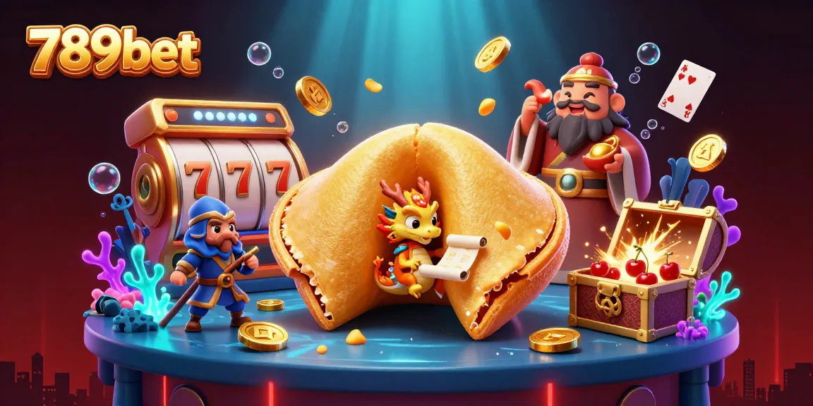 Engage with 789bet in an immersive 3D casino scene featuring a golden fortune cookie and animated characters.