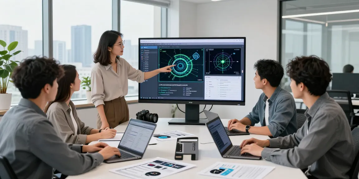 Team discussing how to detect AI image content in a modern office setting.