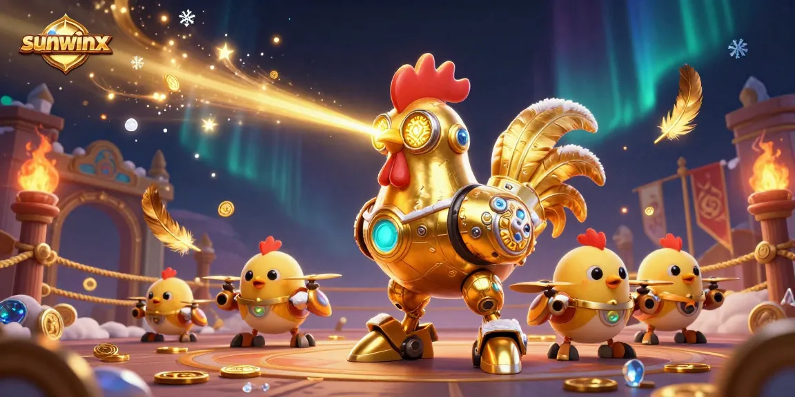 Engage with sunwinx in an electrifying casino scene featuring a golden rooster robot.