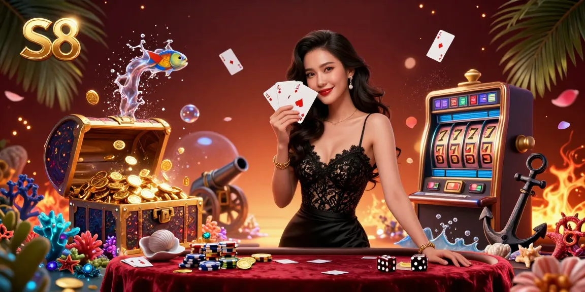 Engage at S8 with a glamorous Asian dealer showcasing poker cards in a vibrant casino scene.