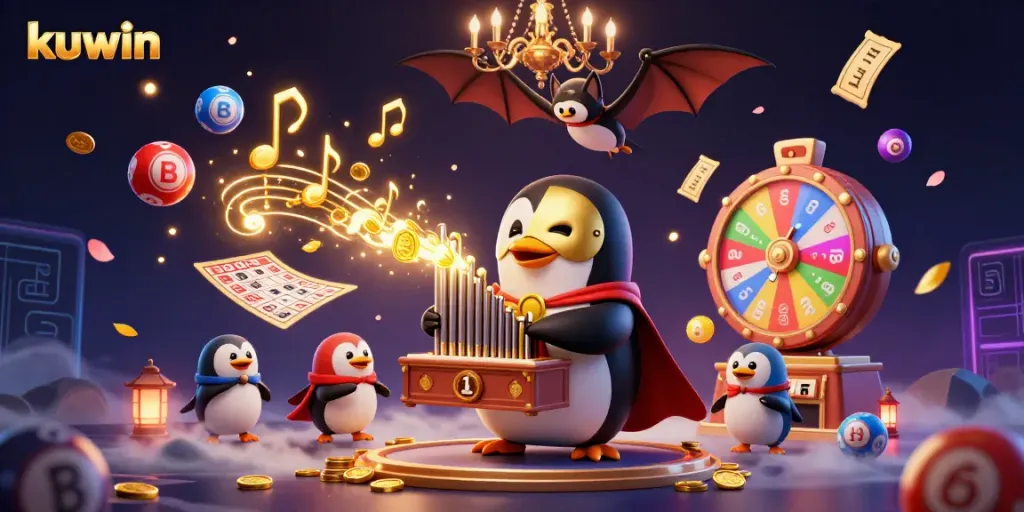 Kuwin engages players in a vibrant, dynamic casino scene filled with golden coins and colorful lottery balls.