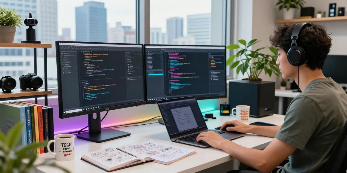Developer coding at a modern workspace, showcasing teiegramin.com functionality in a vibrant tech environment.