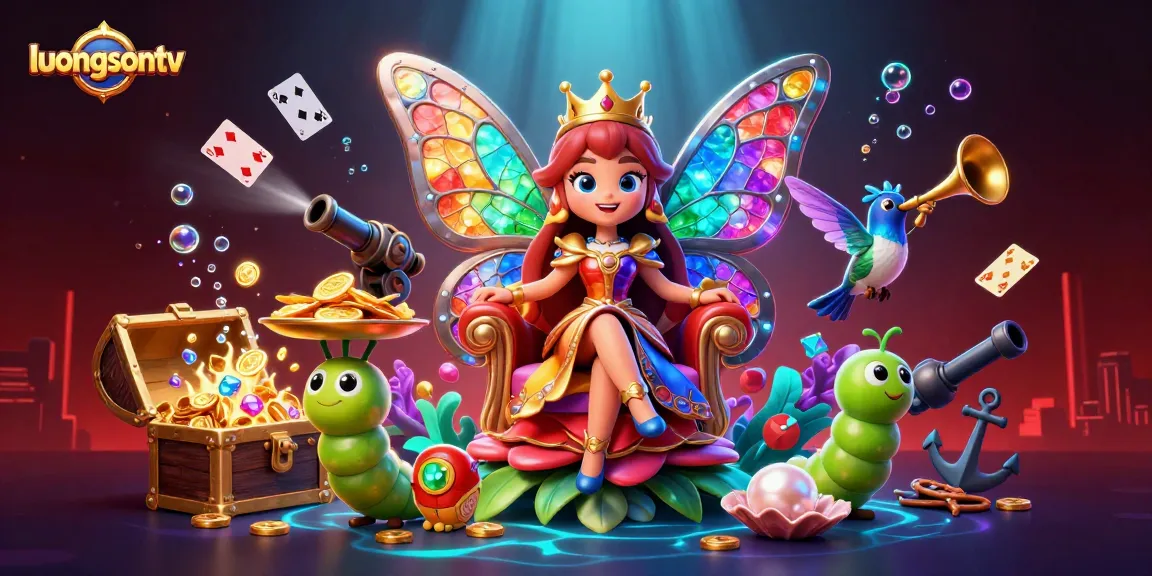 luongsontv presents a vibrant gambling scene with a butterfly queen, chips, and underwater treasures