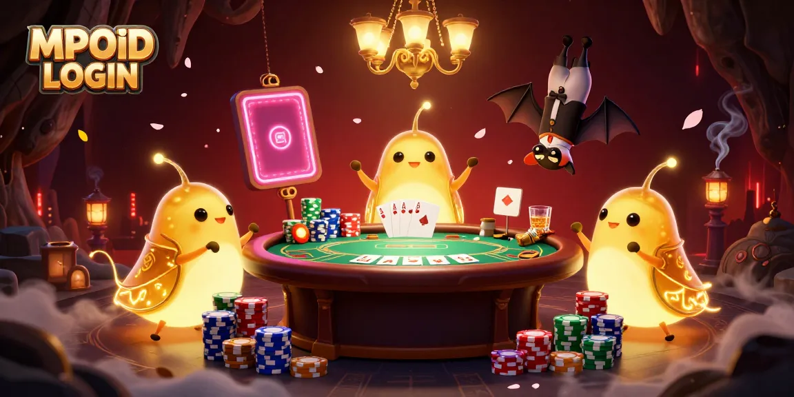 MPOID LOGIN in a vibrant cave casino scene illuminated by glowing worms and a bat dealer, packed with poker elements.