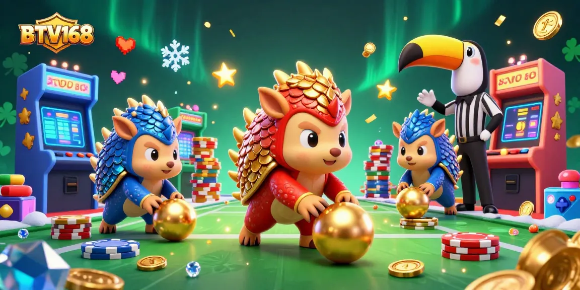 Experience high-energy fun with BTV168 as rival pangolins roll into golden balls in a dazzling casino scene.