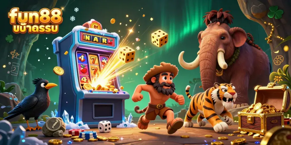 Experience the thrill at fun88 เข้าระบบ with immersive visuals of a prehistoric casino setting.