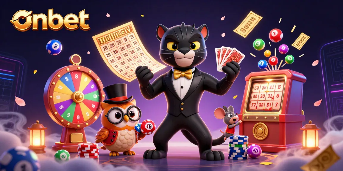 Experience excitement at onbet with dynamic characters and colorful casino elements in a vibrant scene.