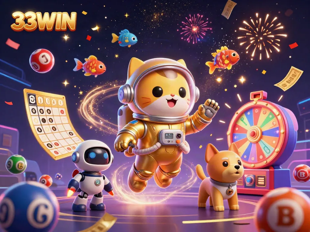 Experience thrilling gaming with 33WIN as the astronaut cat floats amid colorful lottery elements.