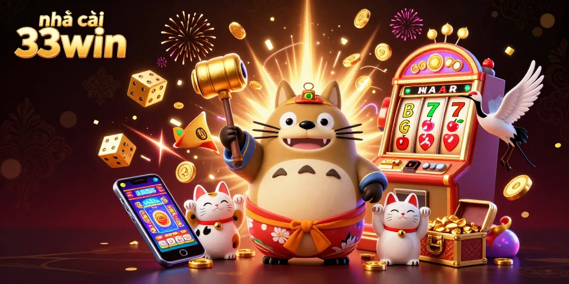 Experience fun and excitement with nhà cái 33win in this vibrant casino scene filled with lucky symbols and characters.