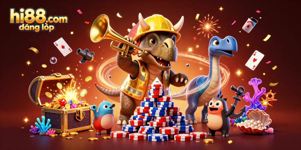 Join the excitement at hi88.com đăng nhập as playful dinosaurs celebrate with casino chips and treasure.