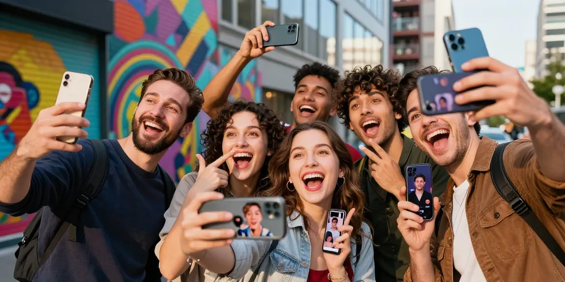 Friends enjoying a fun moment while using the celebrity look alike app in a vibrant city.