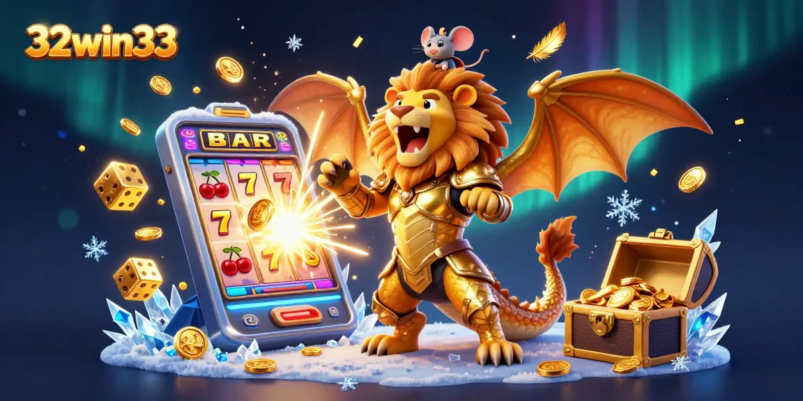 Experience thrilling wins with 32win33, showcasing a victorious chimeric creature amid vibrant casino game elements.