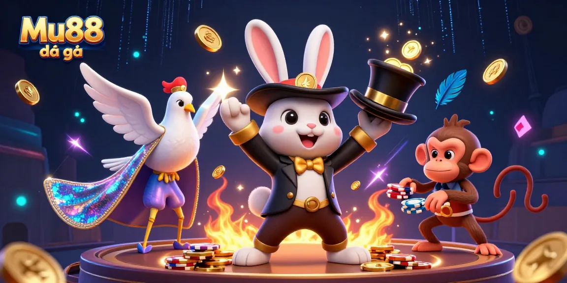 Mu88 đá gà: Join the magic with a 3D illustrated scene showing a rabbit, dove, and monkey in a playful casino adventure.