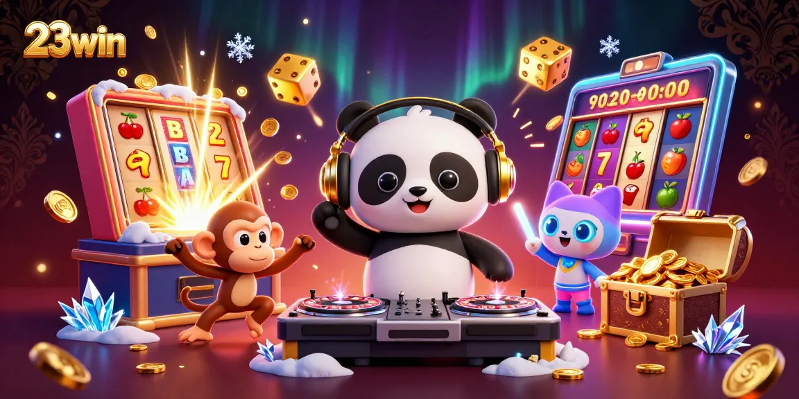 Experience vibrant energy at 23win with a DJ panda, slots, and a breakdancing monkey.