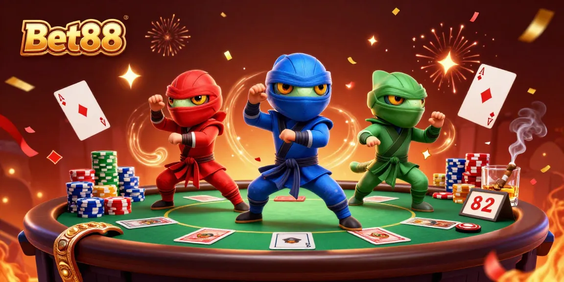 Bet88 presents thrilling ninja chameleons engaging in poker with high-stakes excitement.